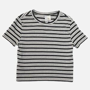H&M Divided Striped Ribbed Fitted Knit Short Sleeve Crop Top Gray, Black, White
